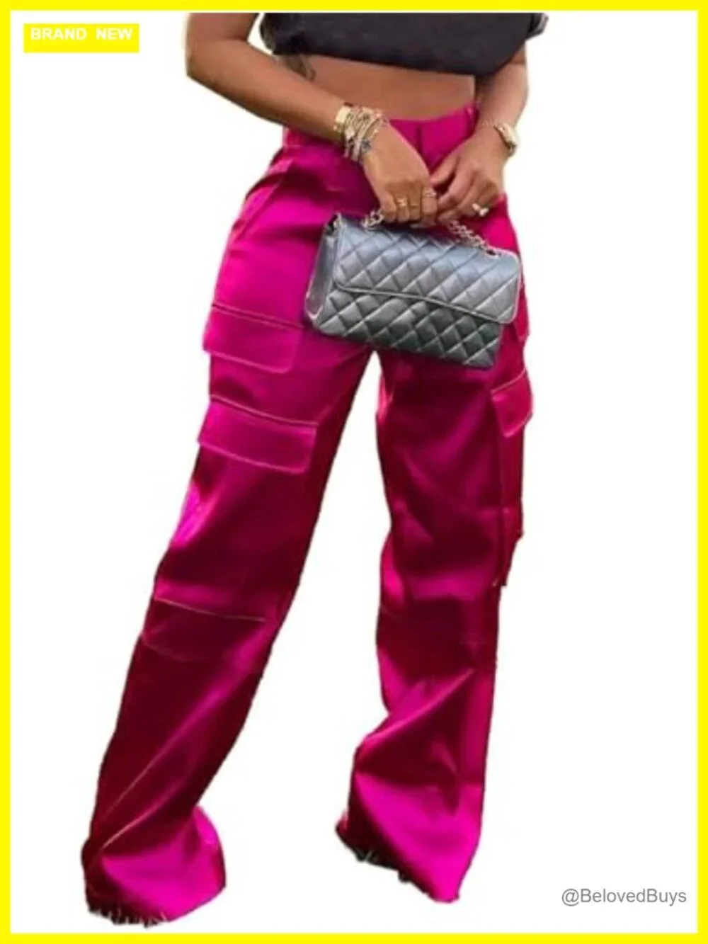 Satin Cargo Pants High Waisted Straight Wide Leg Casual Pockets Club Y2k